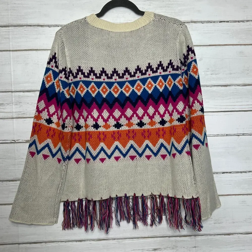 Umgee Fringe Fair Isle Sweater Women’s Small Multicolor Boho Knit Pullover